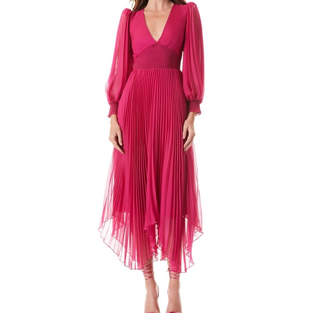 Alice + Olivia SION SUNBURST PLEATED SMOCKED WAIST MIDI DRESS Fuchsia